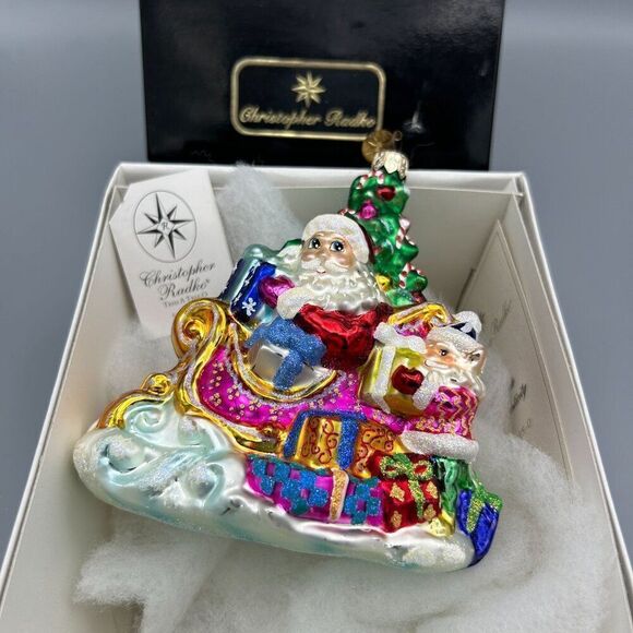 Christopher Radko Ornament‎ with Box Santa Sleigh Glass Trim A Tree-O Glitter - Picture 2 of 14